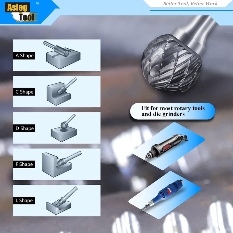 Asieg Tool Carbide Burrs Set 5pcs with 1/4''Shank Double Cut Solid Power Tools Tungsten Carbide Rotary Files Bits for Die Grinder Metal Wood Carving Engraving Polishing Drilling Grinding Milling Cutting - Image 5